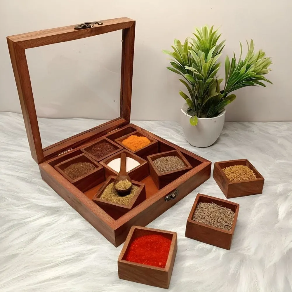 Wooden spice box with nine containers - Image 3